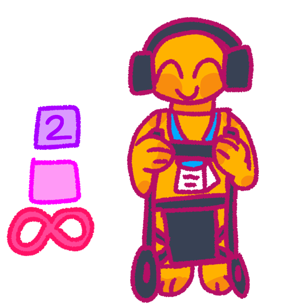 on the left is a purple block with a dark purple 2 inside above a pink block, both of which are above a red infinity sign. On the right is a smiling yellow person wearing dark grey ear defenders and a blue lanyard with a communication card set, as well as holding a dark grey rollator.